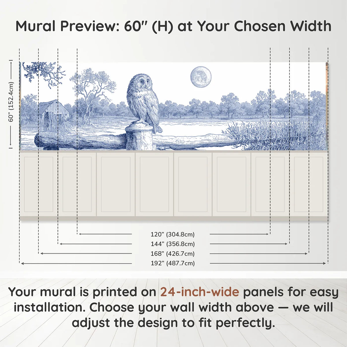 Panel dimensions for The Owl At Moonrise Wainscoting Wallpaper by Whimsy Tots