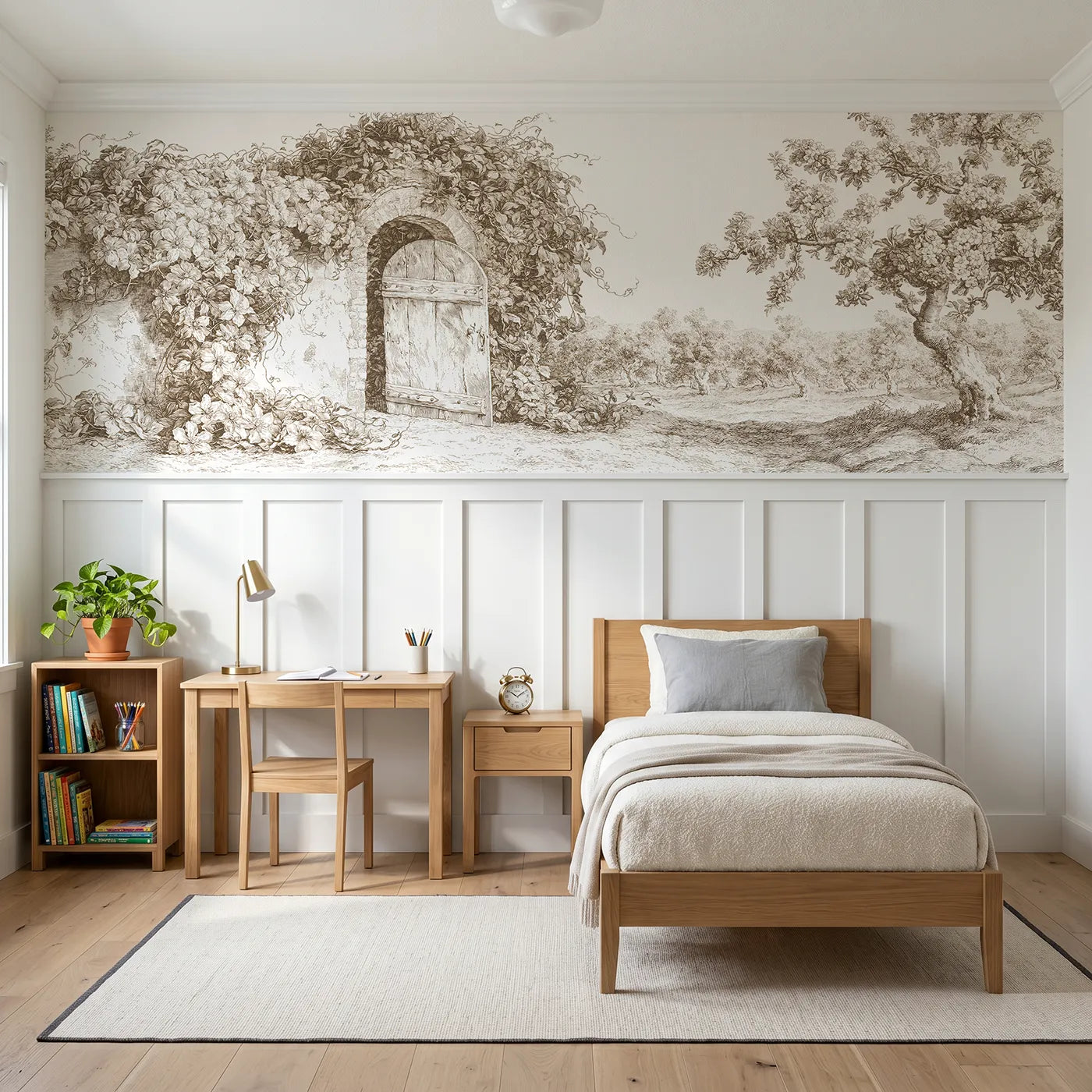 Toile wainscoting wallpaper of the walled garden door in brown by Whimsy Tots