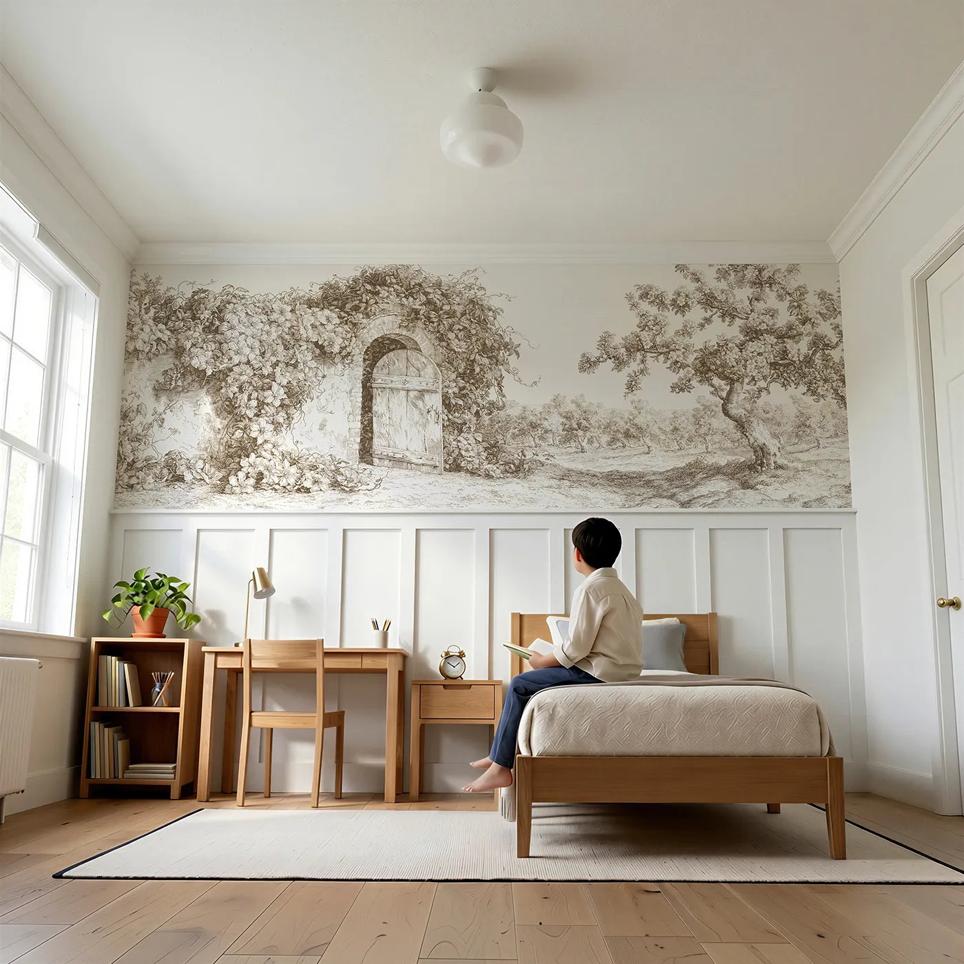 Child reading near The Walled Garden Door Wainscoting Wallpaper in Brown by Whimsy Tots
