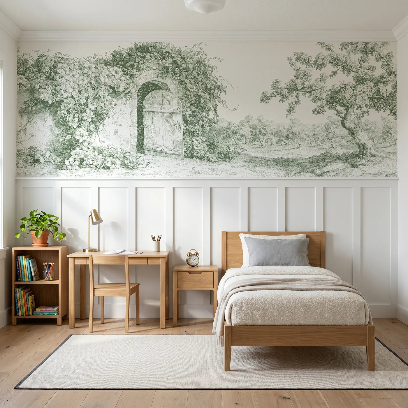 Toile wainscoting wallpaper of the walled garden door in green by Whimsy Tots
