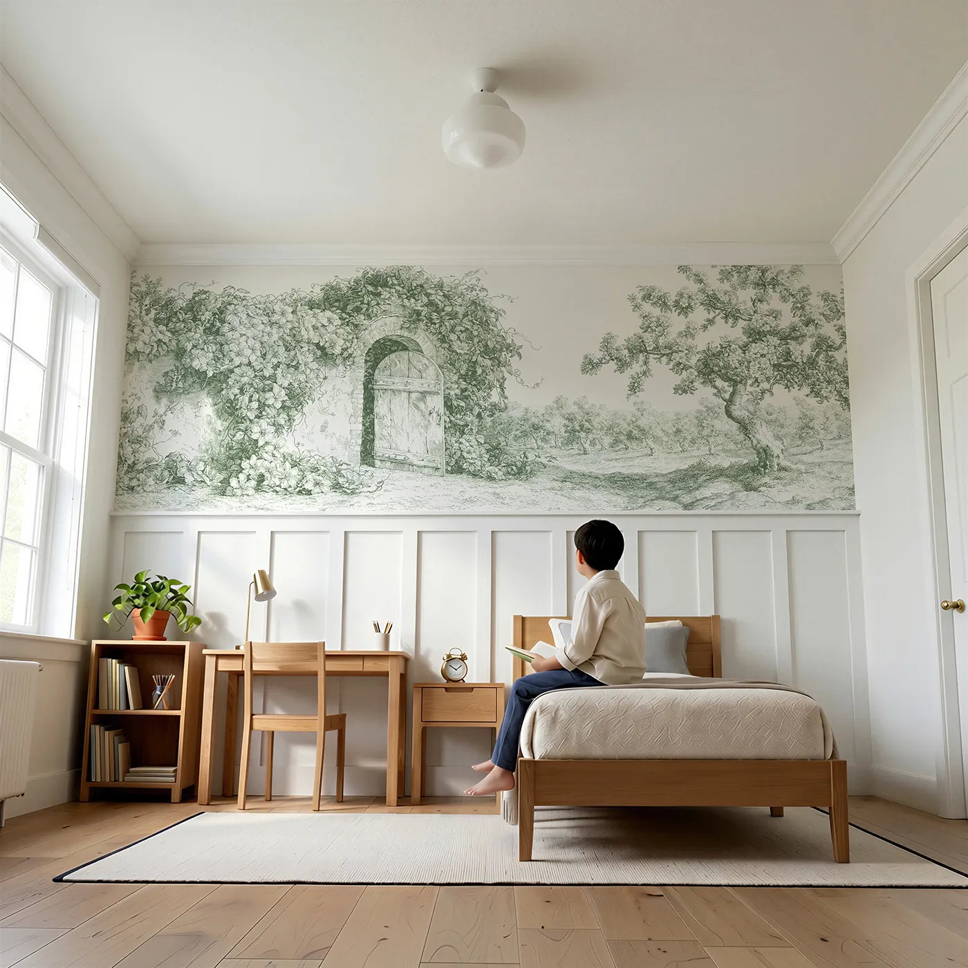 Child reading near The Walled Garden Door Wainscoting Wallpaper in Green by Whimsy Tots
