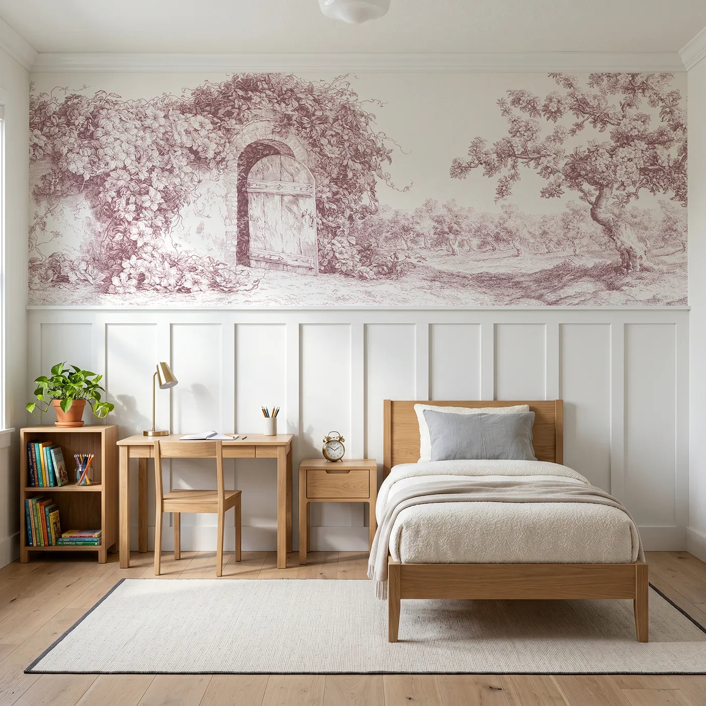 Toile wainscoting wallpaper of the walled garden door in pink by Whimsy Tots