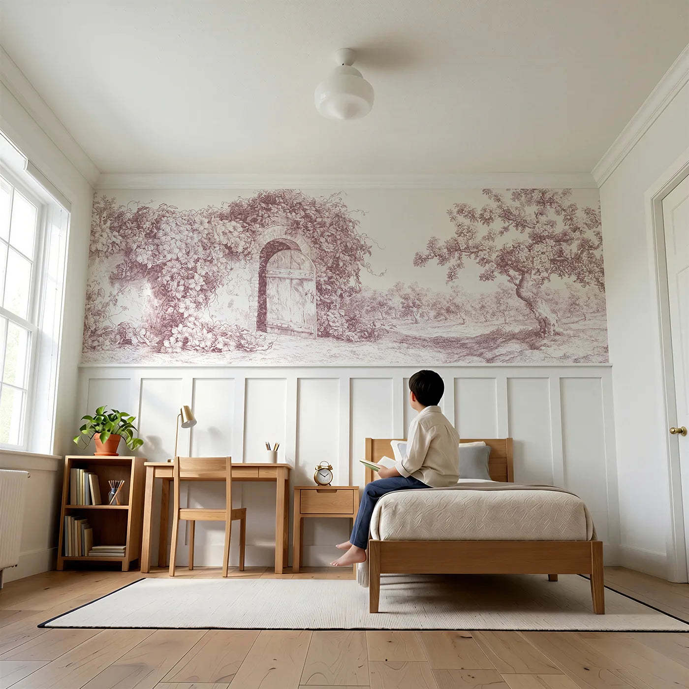 Child reading near The Walled Garden Door Wainscoting Wallpaper in Pink by Whimsy Tots