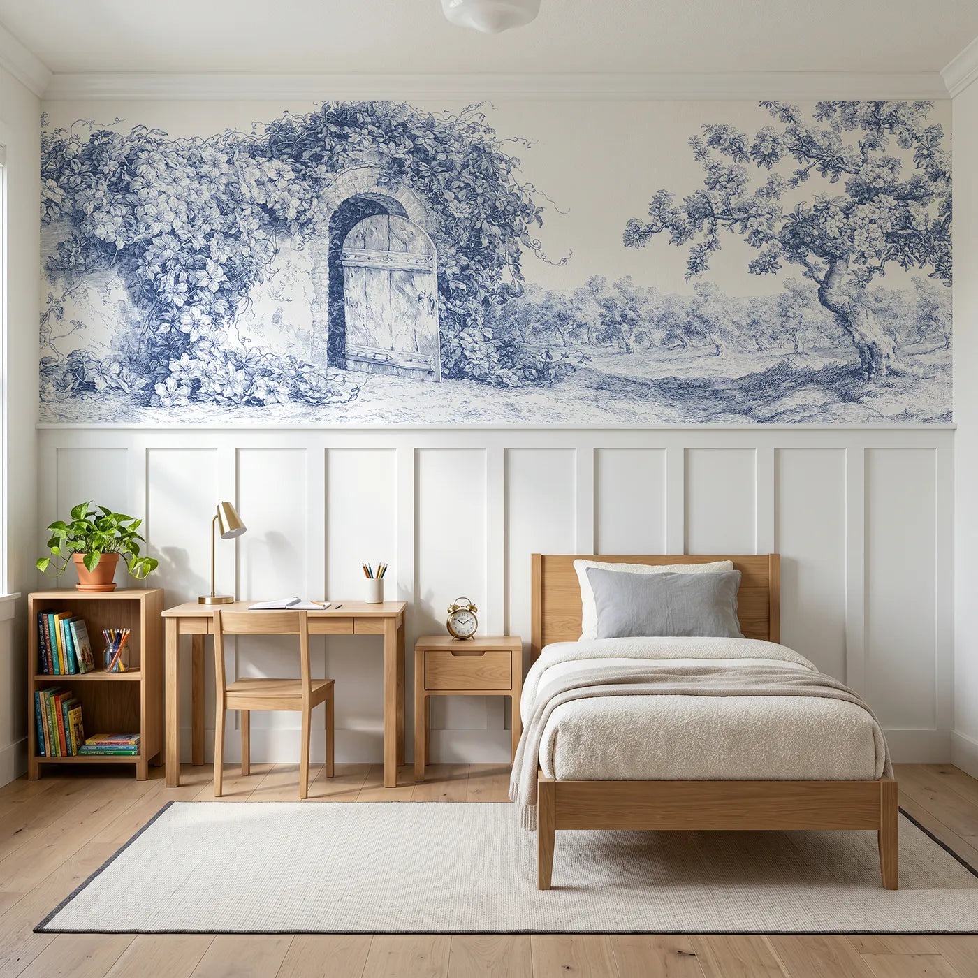 Toile wainscoting wallpaper of the walled garden door by Whimsy Tots