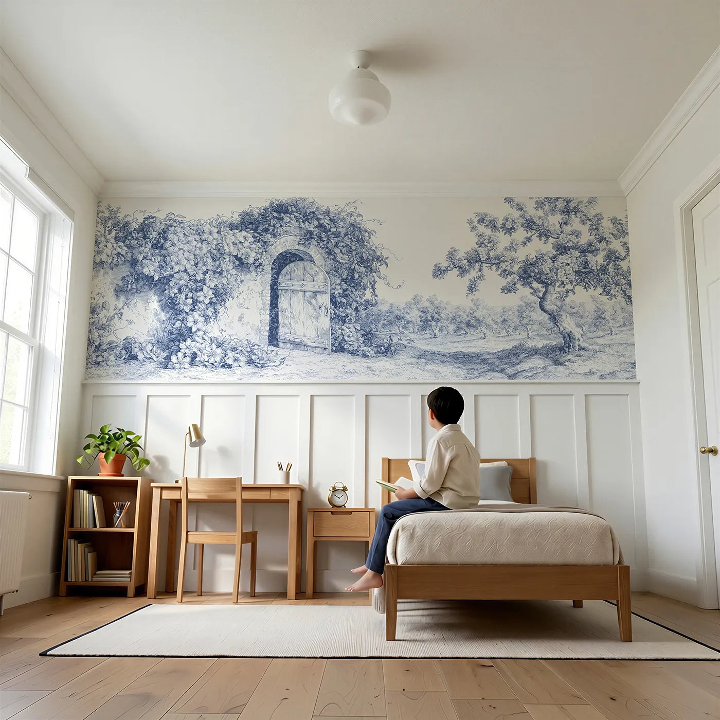 Child reading near The Walled Garden Door Wainscoting Wallpaper by Whimsy Tots