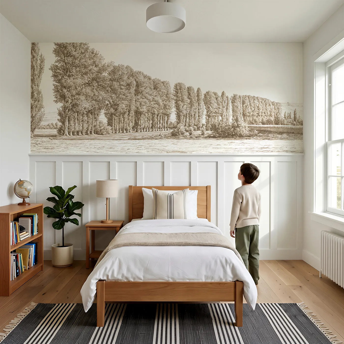 Child reading near The Poplar Avenue Wainscoting Wallpaper in Brown by Whimsy Tots