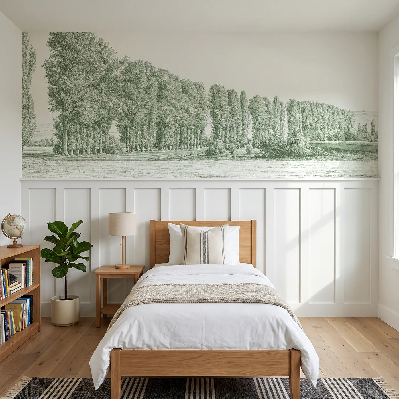 Toile wainscoting wallpaper of the poplar avenue in green by Whimsy Tots