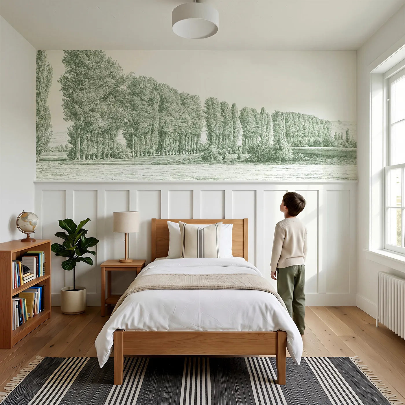 Child reading near The Poplar Avenue Wainscoting Wallpaper in Green by Whimsy Tots