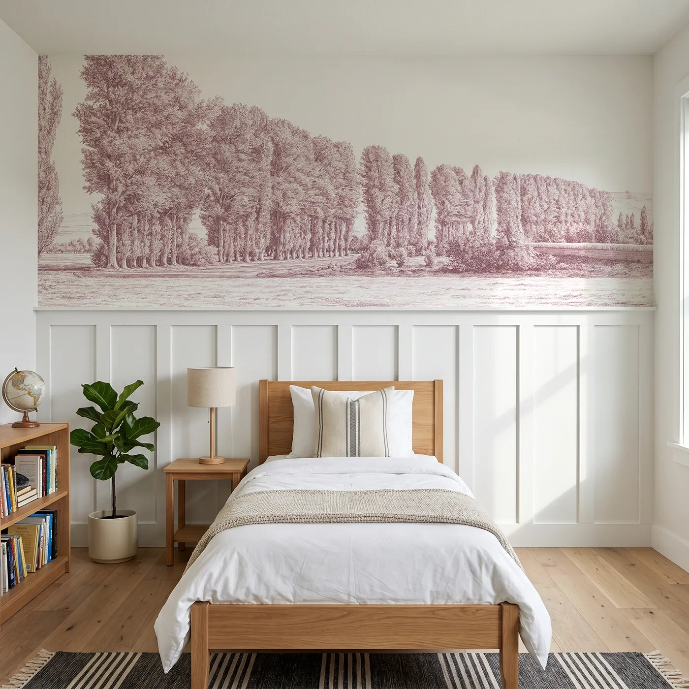 Toile wainscoting wallpaper of the poplar avenue in pink by Whimsy Tots