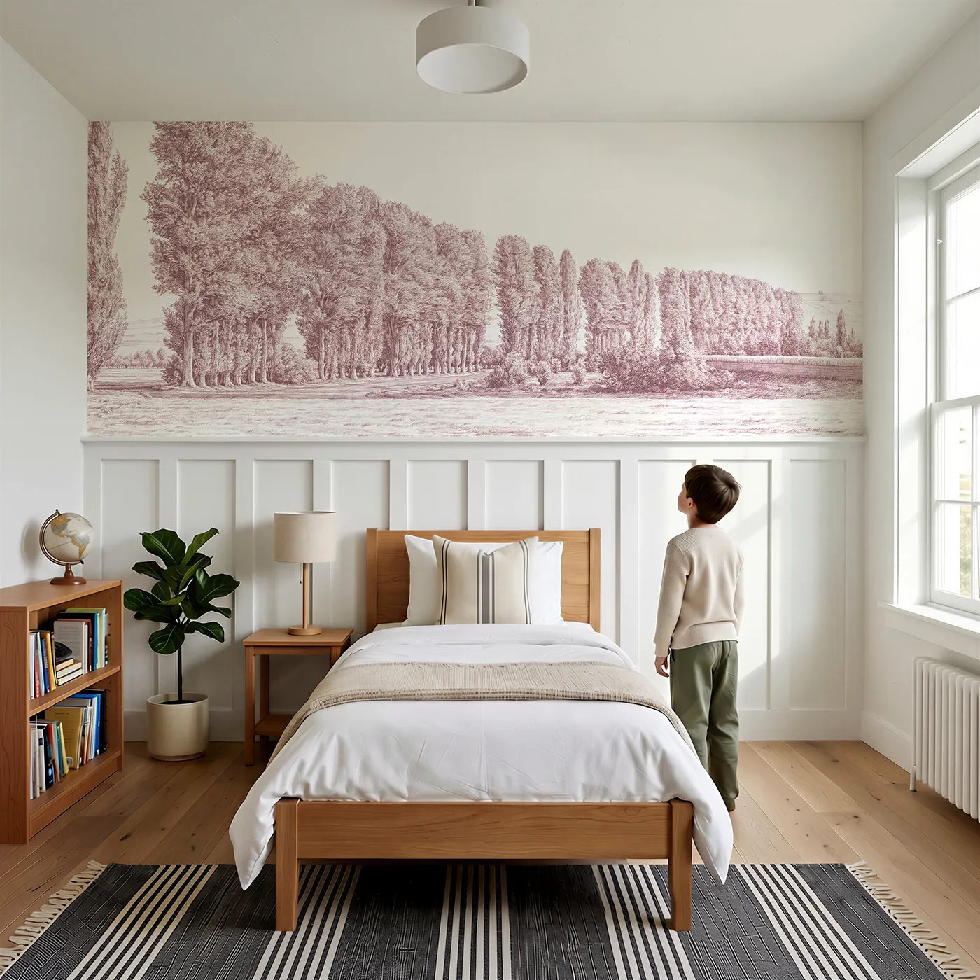 Child reading near The Poplar Avenue Wainscoting Wallpaper in Pink by Whimsy Tots