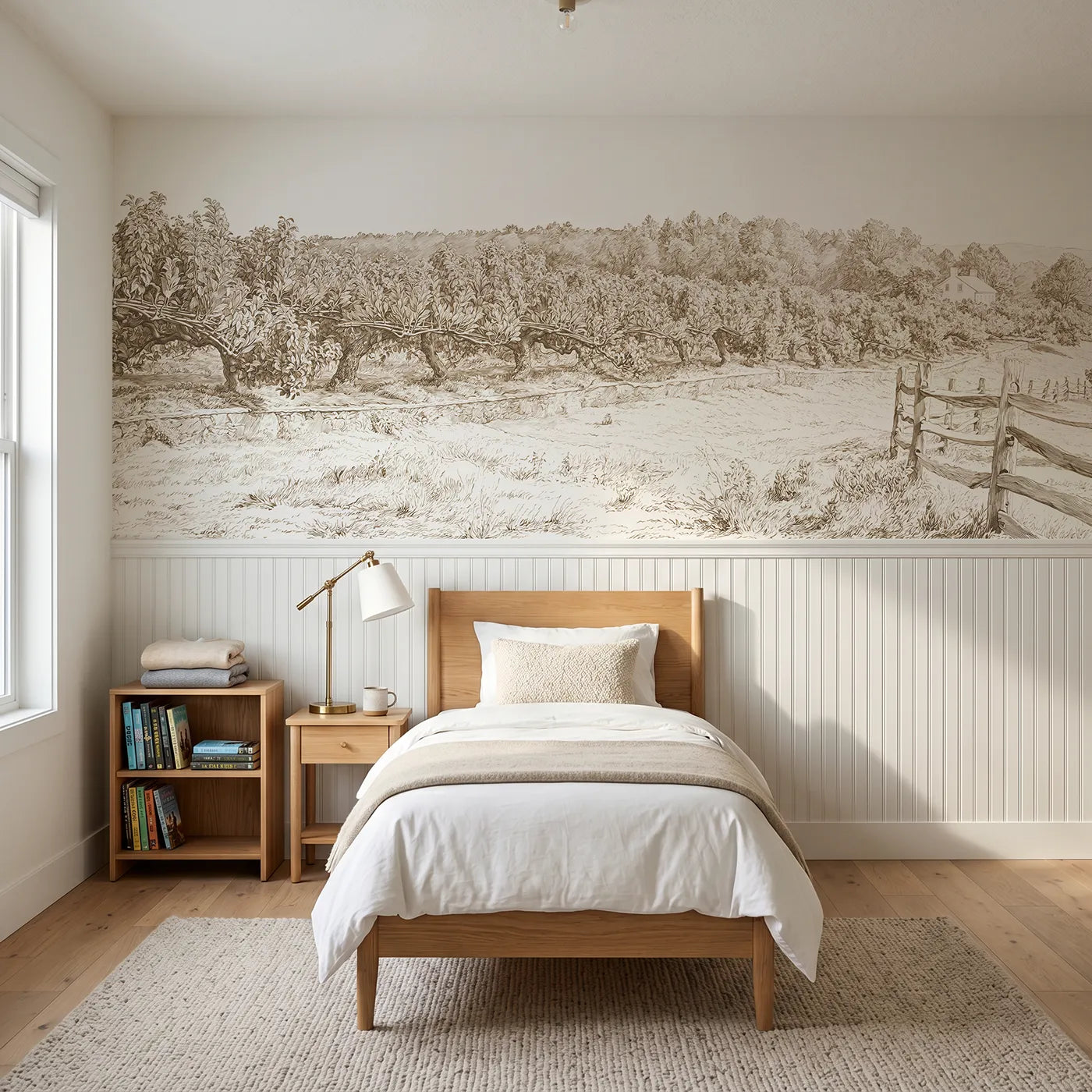 Toile wainscoting wallpaper of the espalier wall in brown by Whimsy Tots