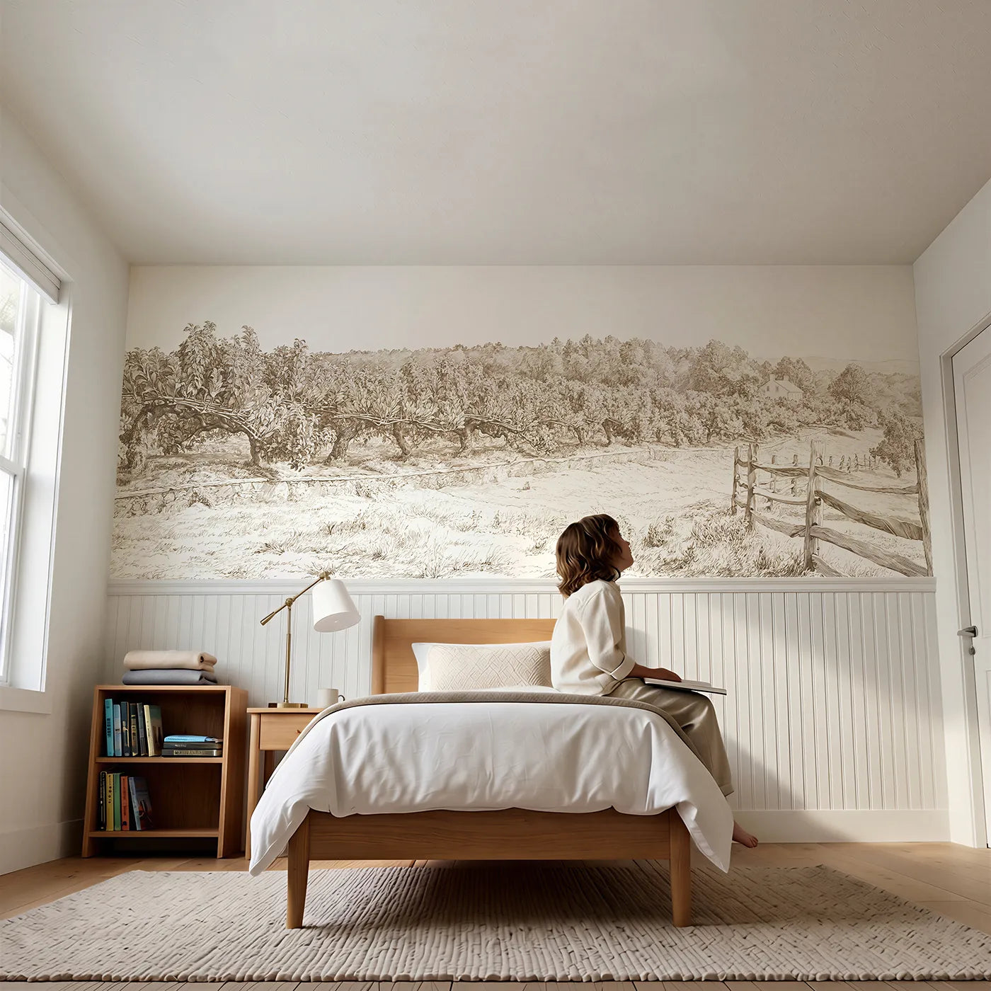 Child reading near The Espalier Wall Wainscoting Wallpaper in Brown by Whimsy Tots