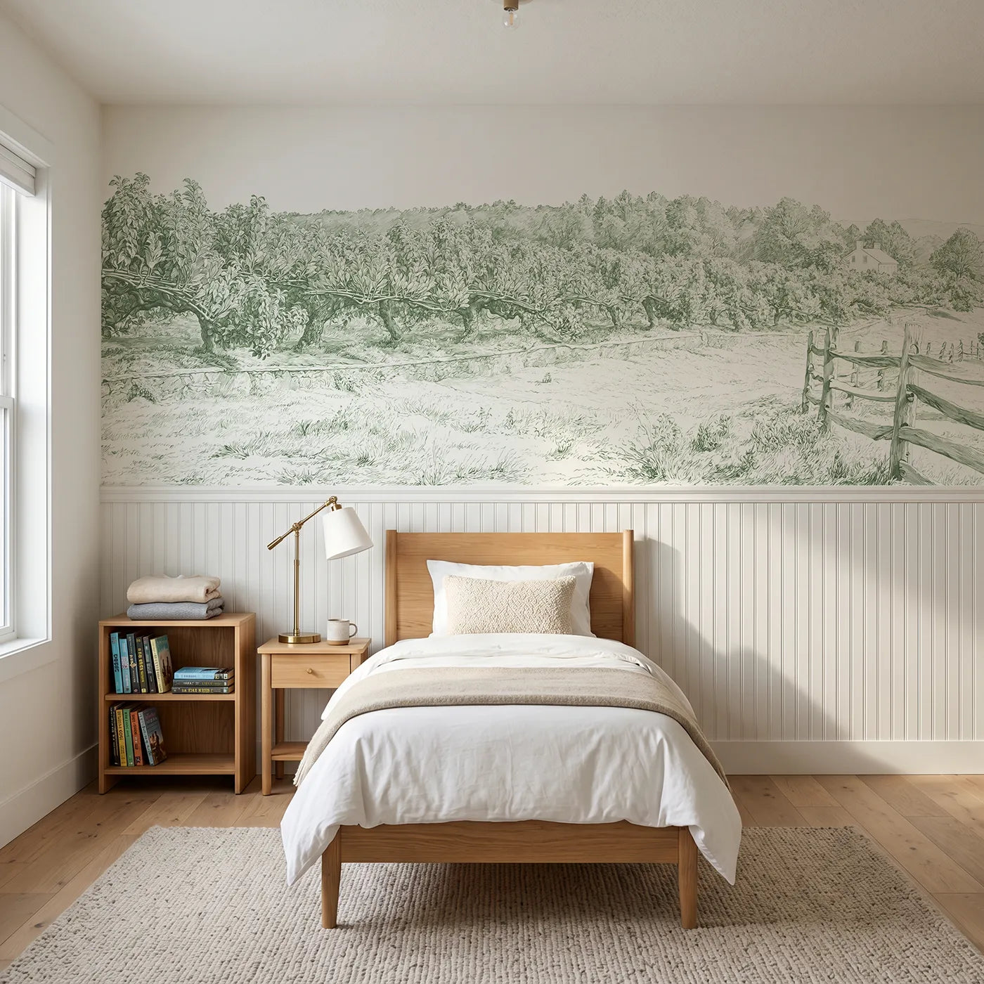 Toile wainscoting wallpaper of the espalier wall in green by Whimsy Tots