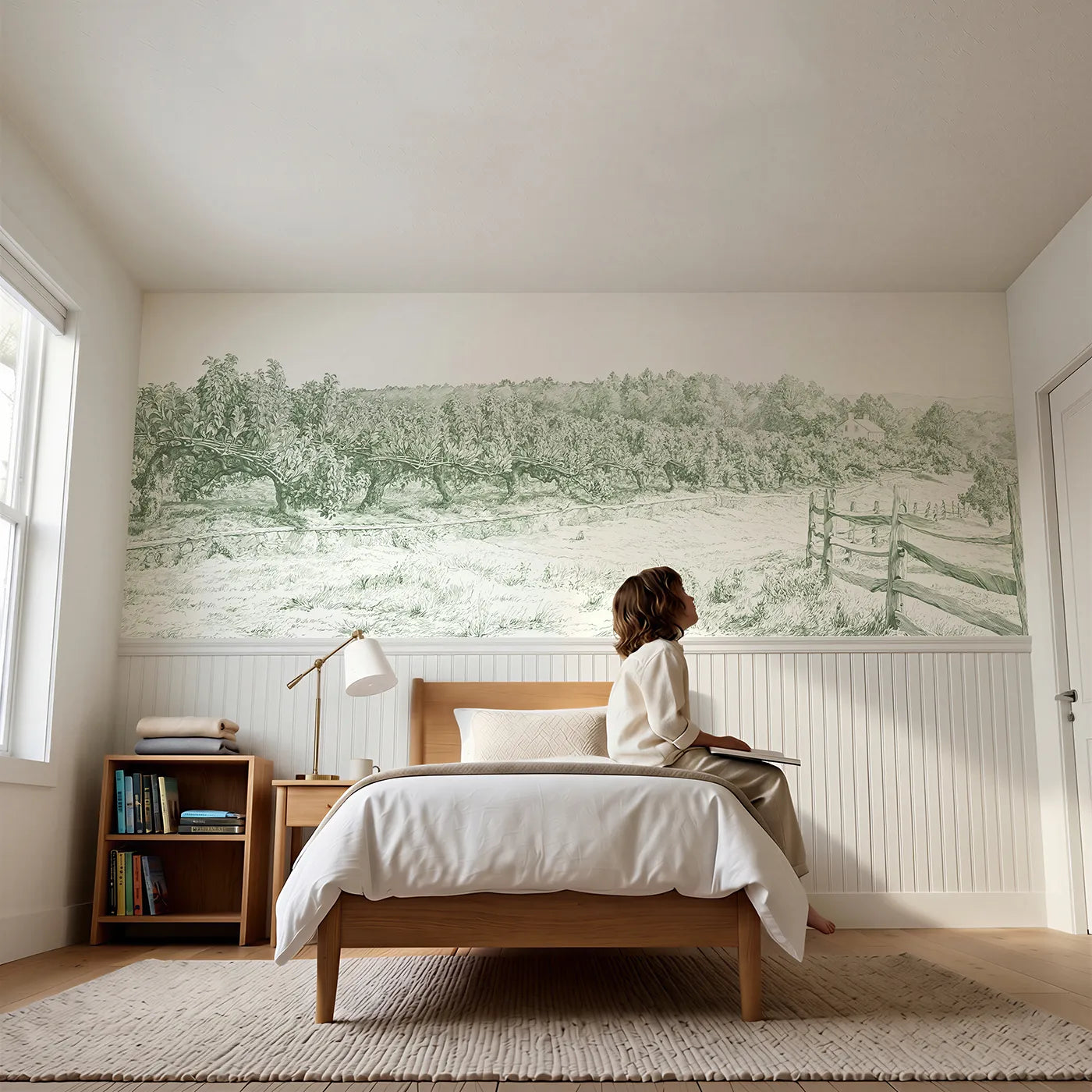 Child reading near The Espalier Wall Wainscoting Wallpaper in Green by Whimsy Tots