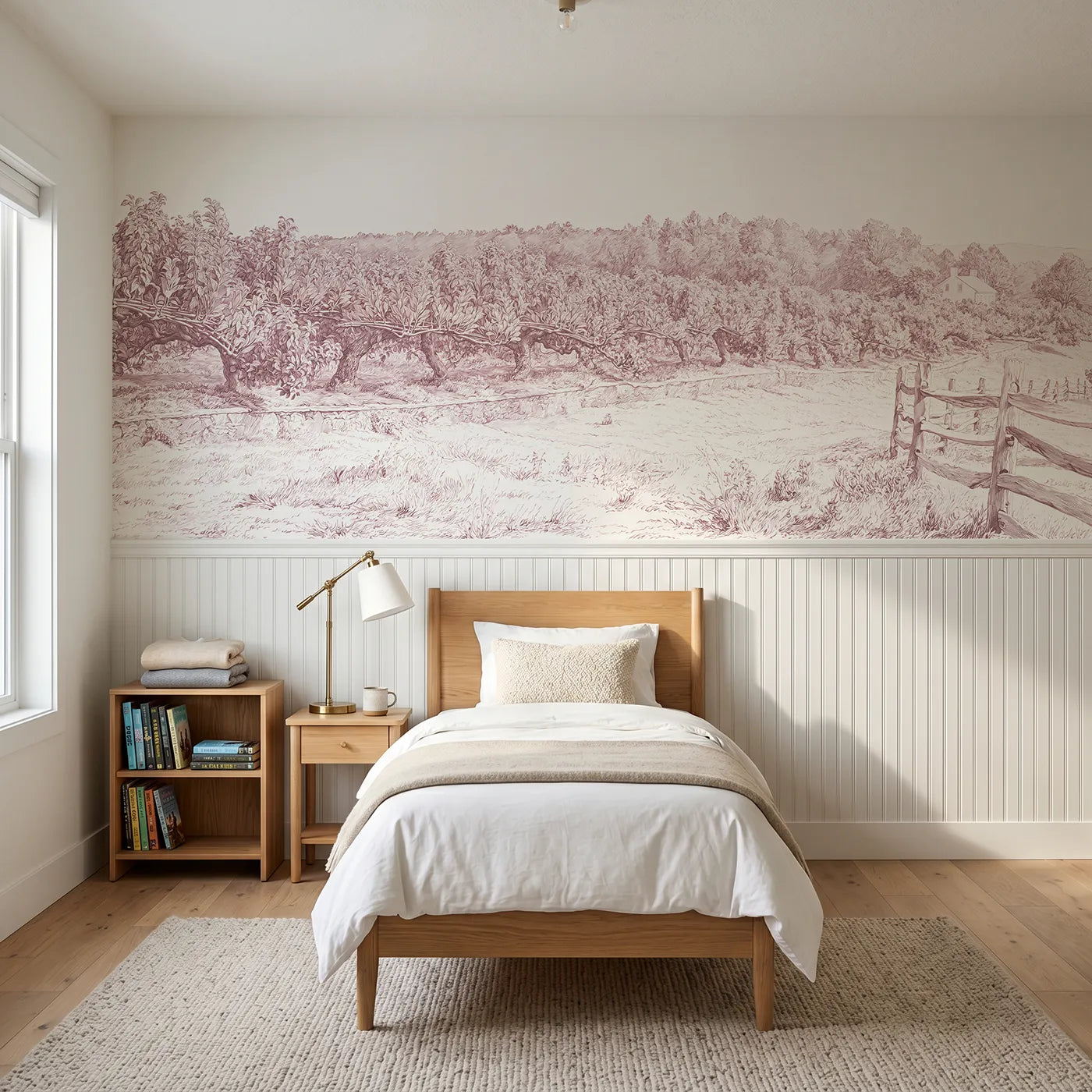Toile wainscoting wallpaper of the espalier wall in pink by Whimsy Tots