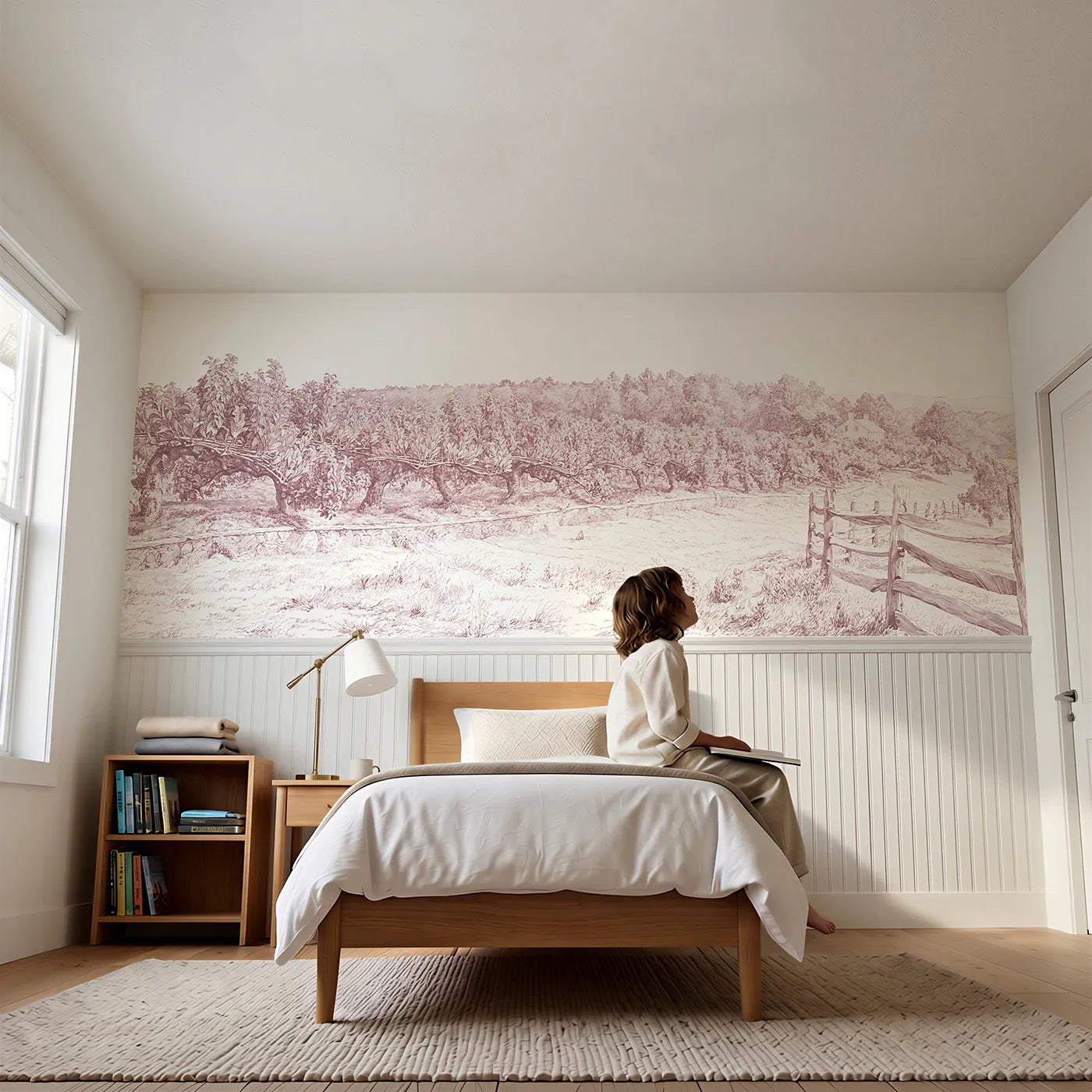 Child reading near The Espalier Wall Wainscoting Wallpaper in Pink by Whimsy Tots