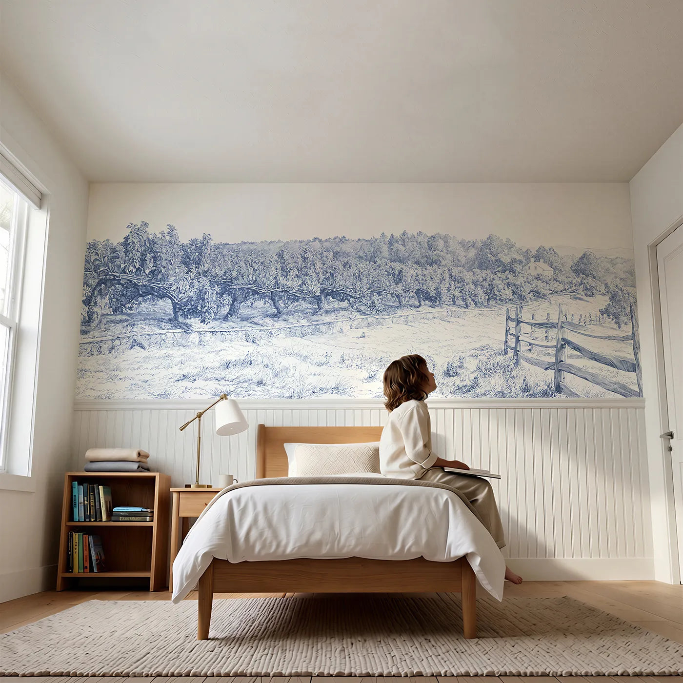Child reading near The Espalier Wall Wainscoting Wallpaper by Whimsy Tots