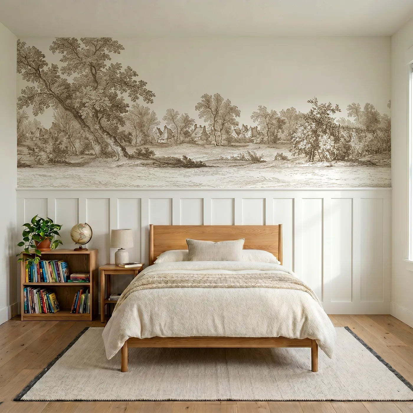 Toile wainscoting wallpaper of the village beyond the trees in brown by Whimsy Tots