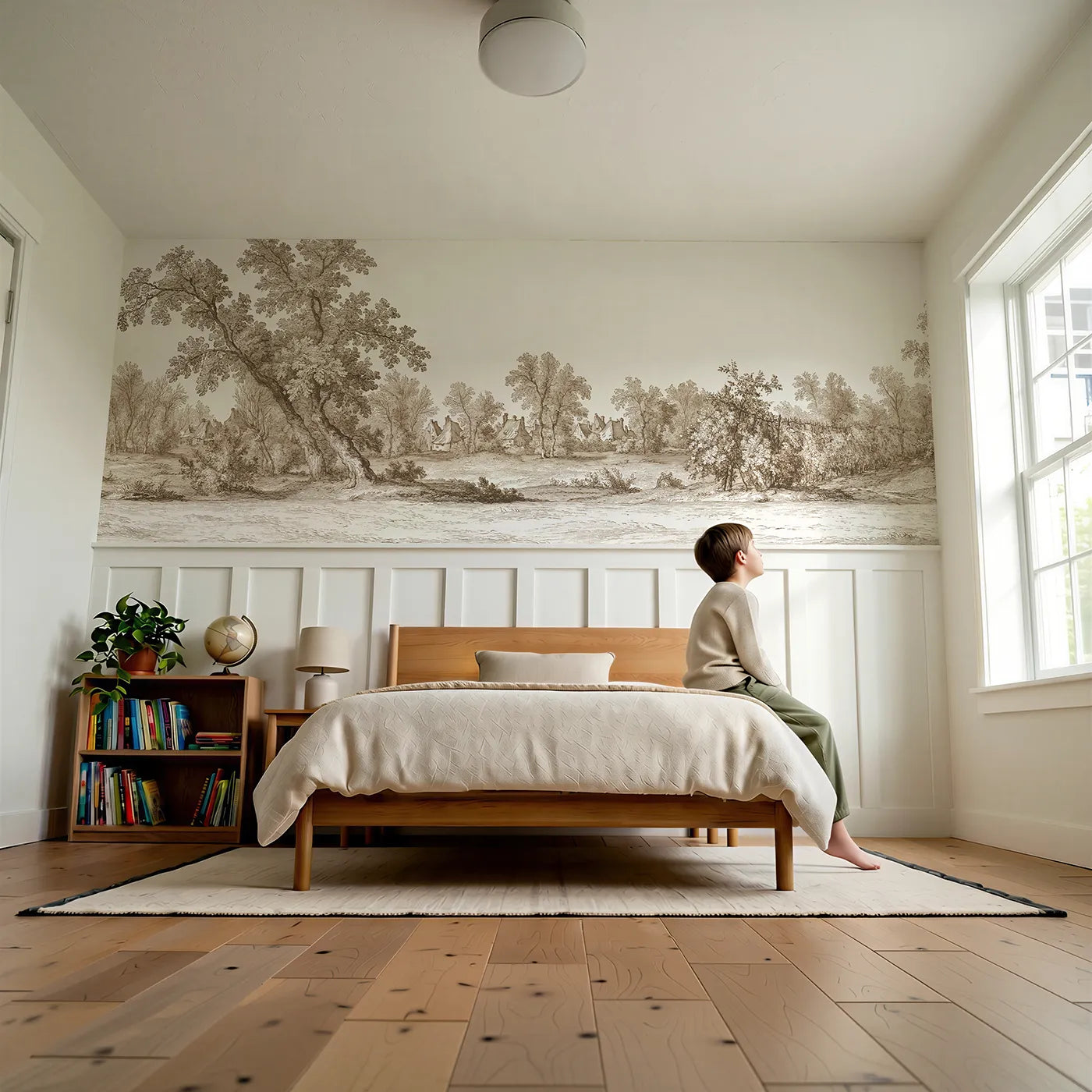 Child reading near The Village Beyond The Trees Wainscoting Wallpaper in Brown by Whimsy Tots