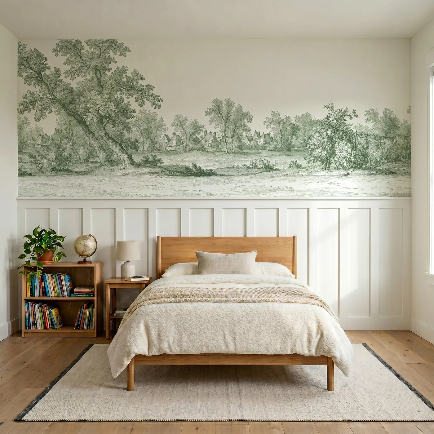 Toile wainscoting wallpaper of the village beyond the trees in green by Whimsy Tots