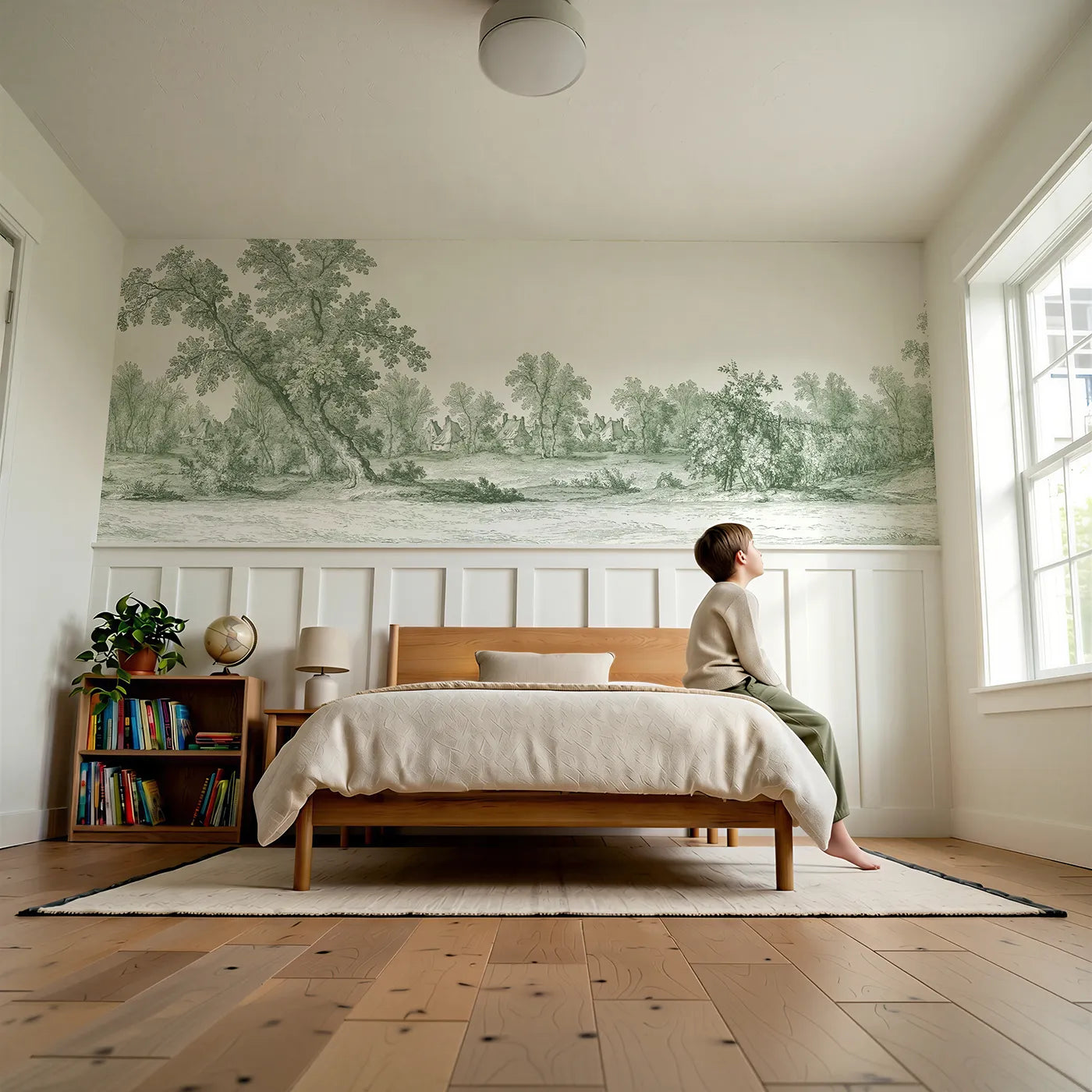Child reading near The Village Beyond The Trees Wainscoting Wallpaper in Green by Whimsy Tots