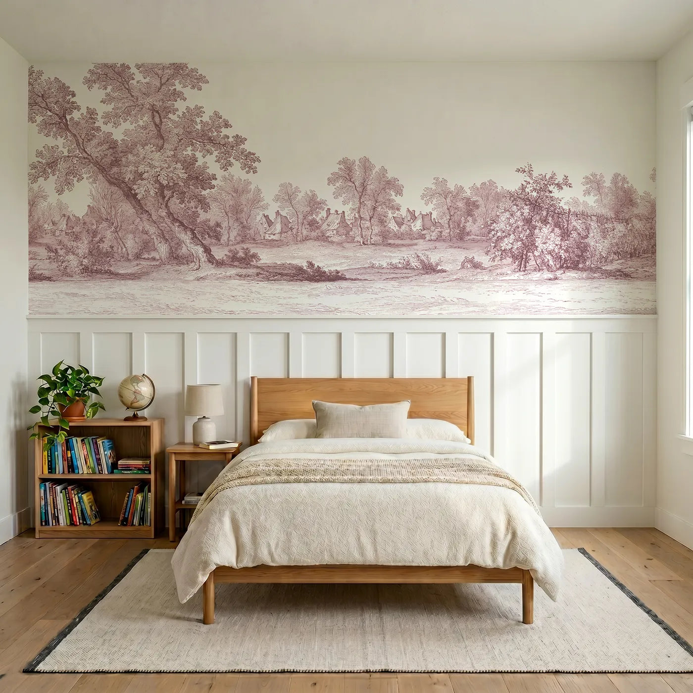 Toile wainscoting wallpaper of the village beyond the trees in pink by Whimsy Tots