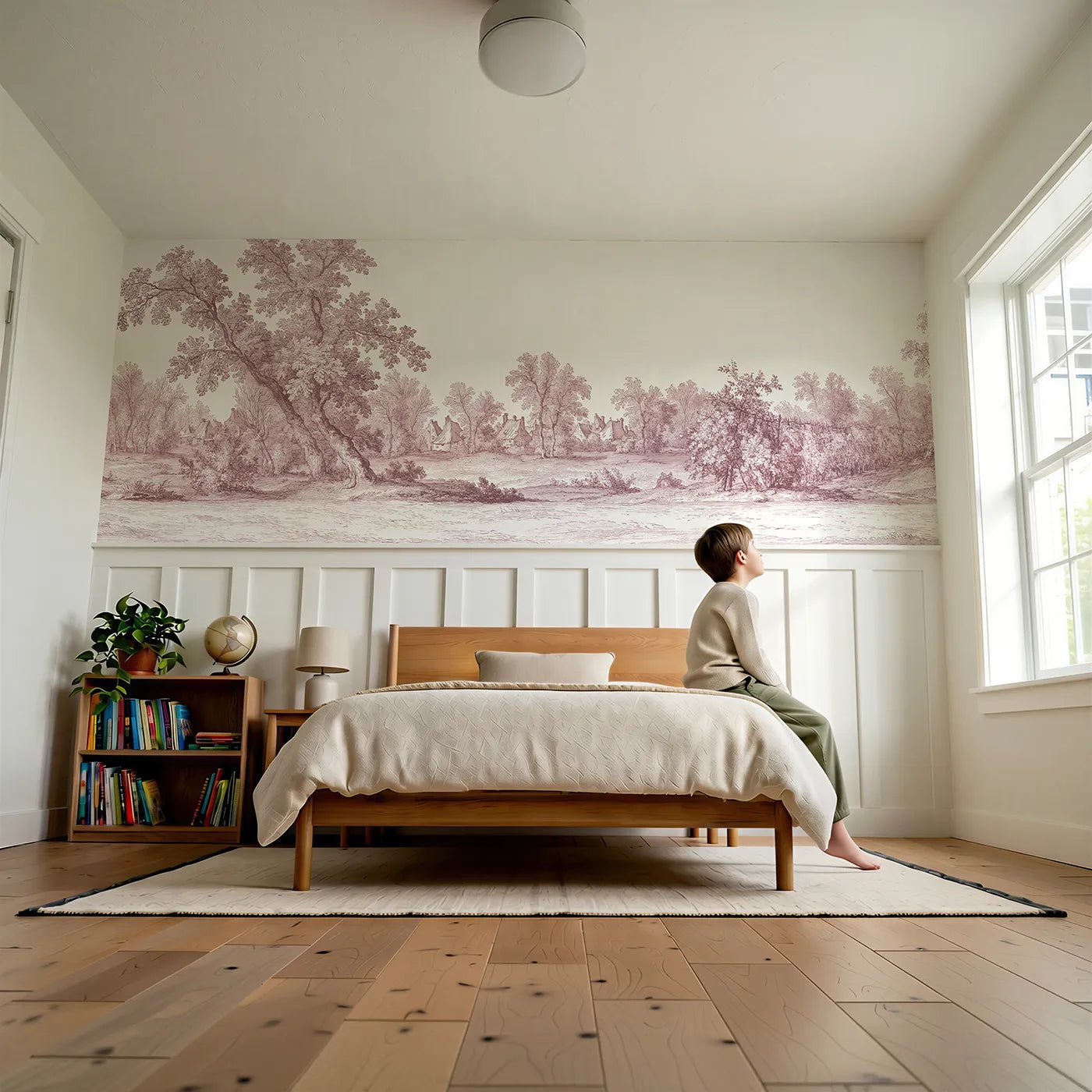 Child reading near The Village Beyond The Trees Wainscoting Wallpaper in Pink by Whimsy Tots