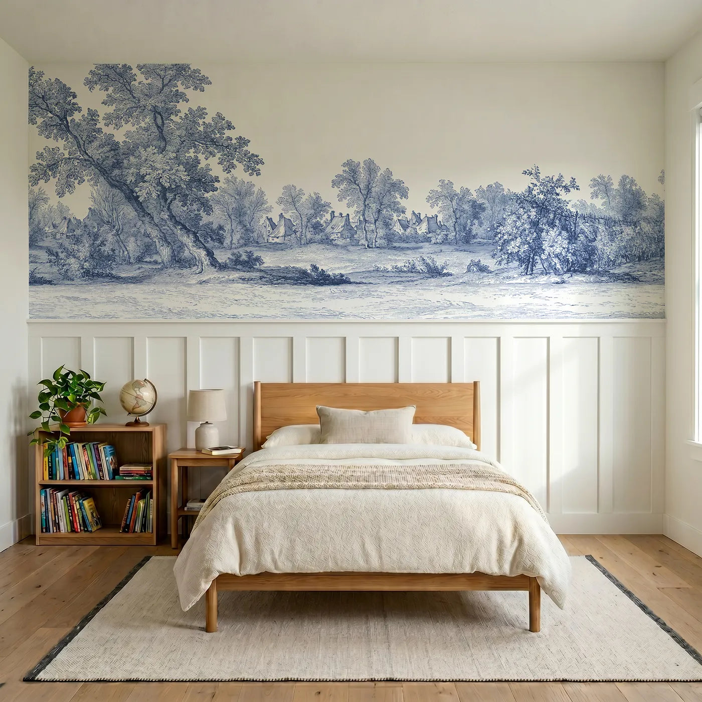 Toile wainscoting wallpaper of the village beyond the trees by Whimsy Tots