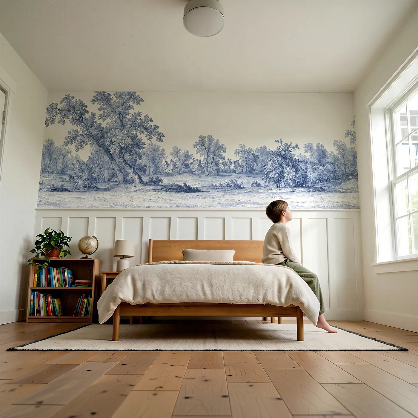 Child reading near The Village Beyond The Trees Wainscoting Wallpaper by Whimsy Tots