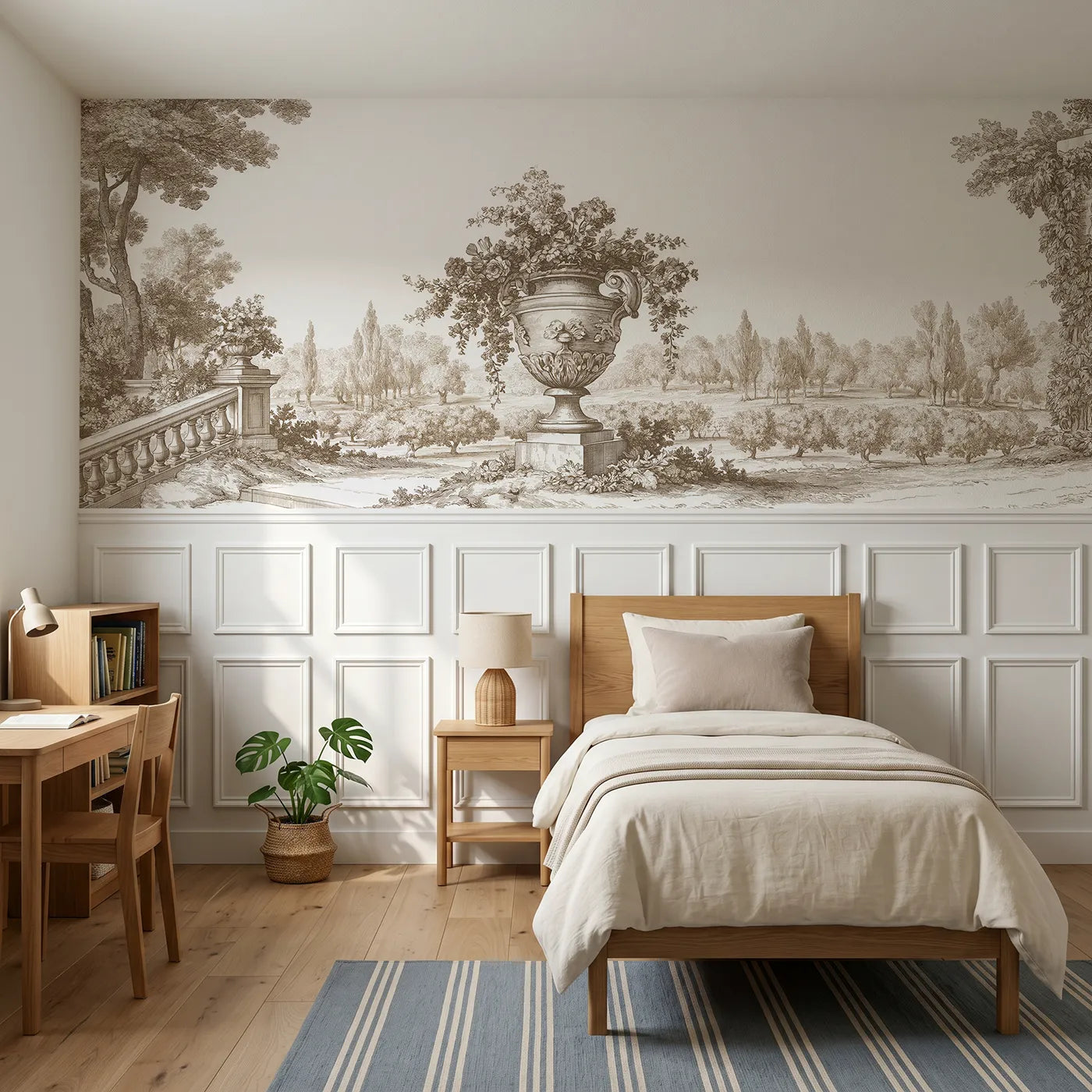 Toile wainscoting wallpaper of the stone urn in brown by Whimsy Tots