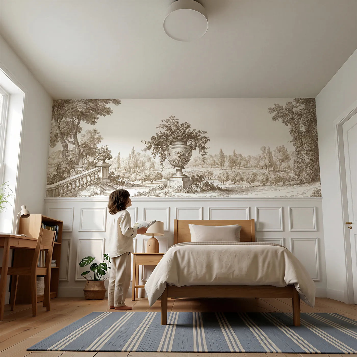 Child reading near The Stone Urn Wainscoting Wallpaper in Brown by Whimsy Tots