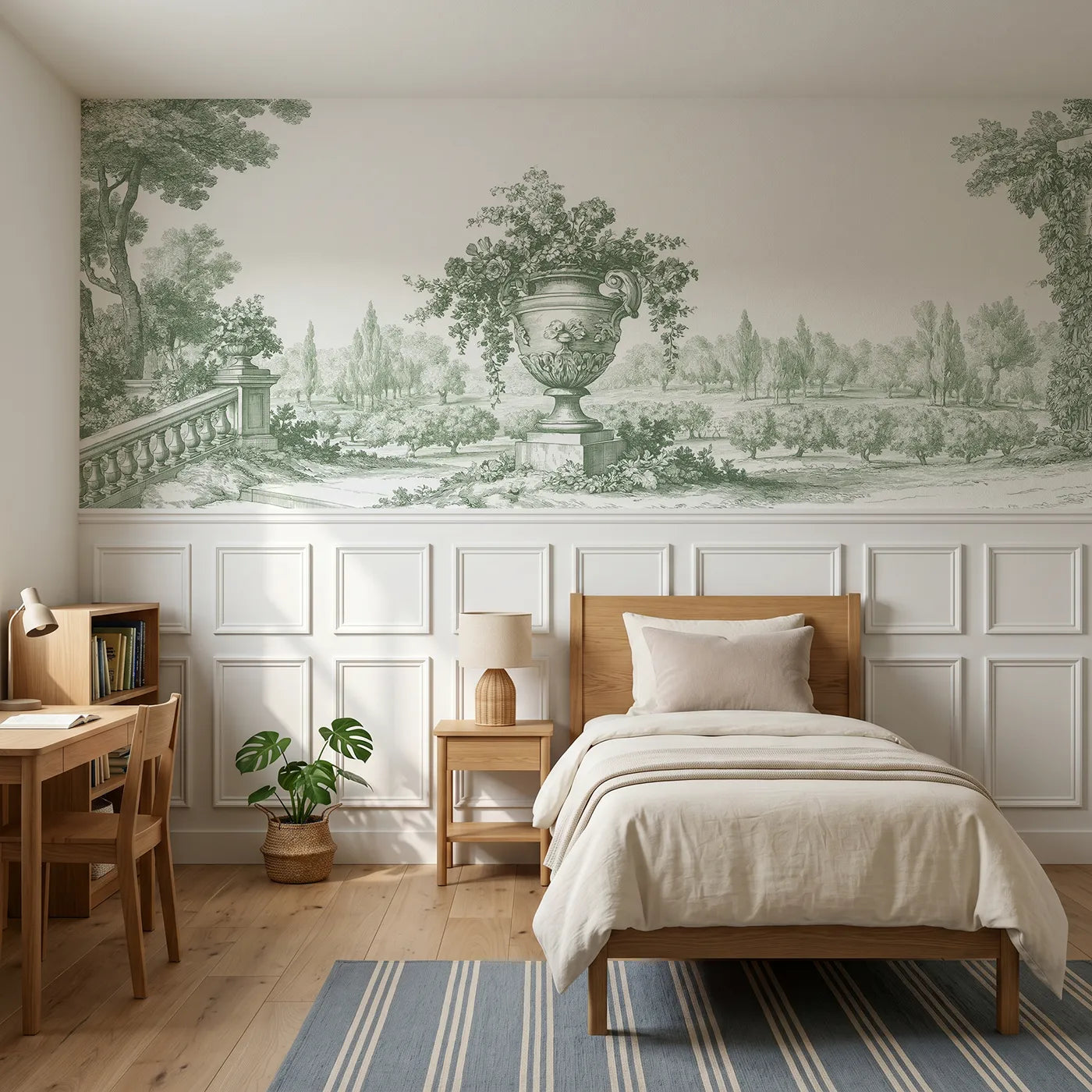 Toile wainscoting wallpaper of the stone urn in green by Whimsy Tots