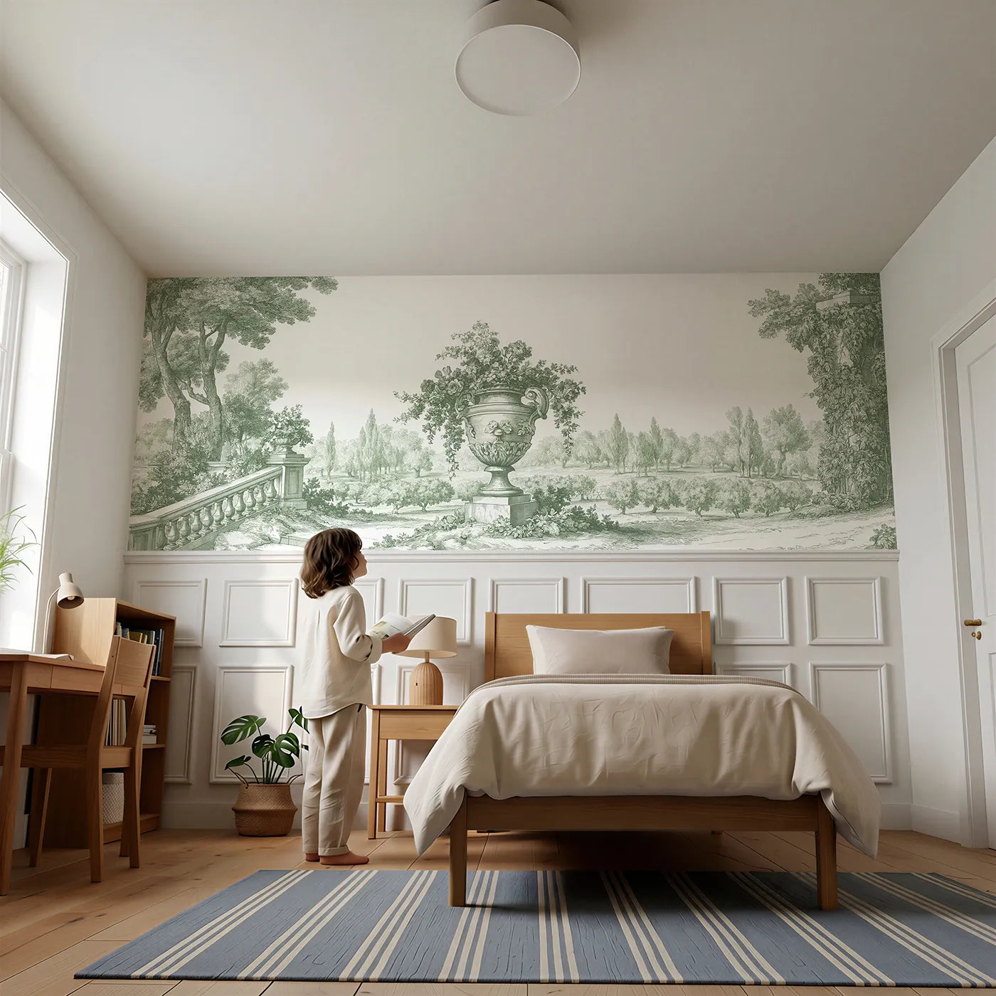 Child reading near The Stone Urn Wainscoting Wallpaper in Green by Whimsy Tots