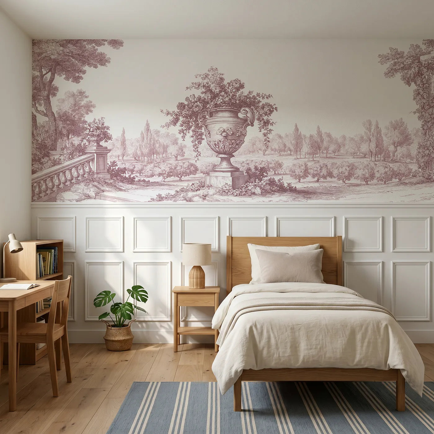 Toile wainscoting wallpaper of the stone urn in pink by Whimsy Tots