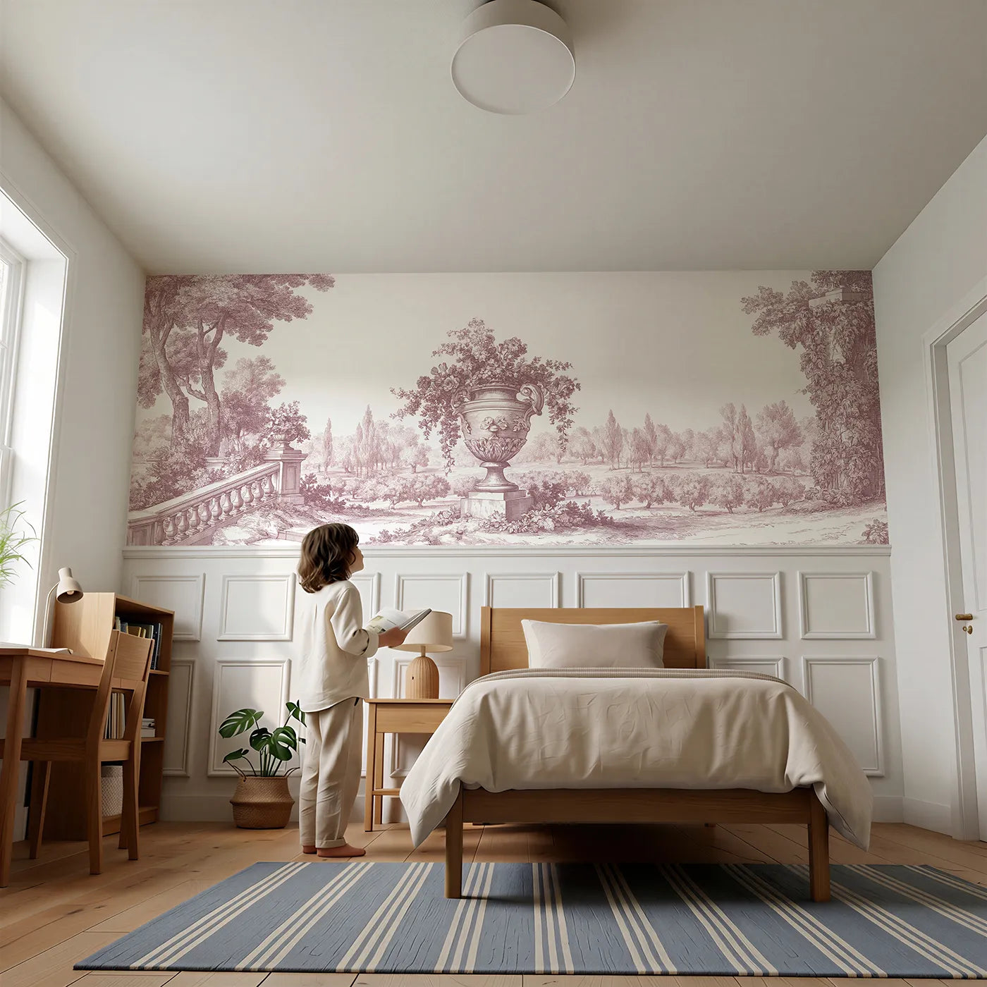 Child reading near The Stone Urn Wainscoting Wallpaper in Pink by Whimsy Tots