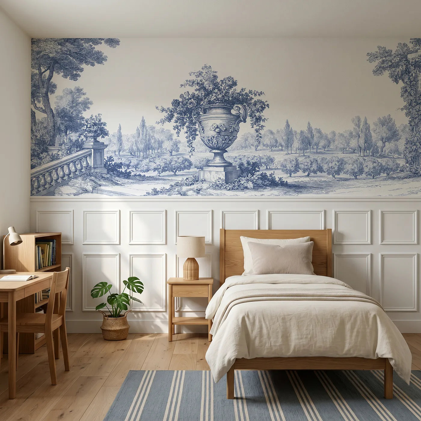 Toile wainscoting wallpaper of the stone urn by Whimsy Tots