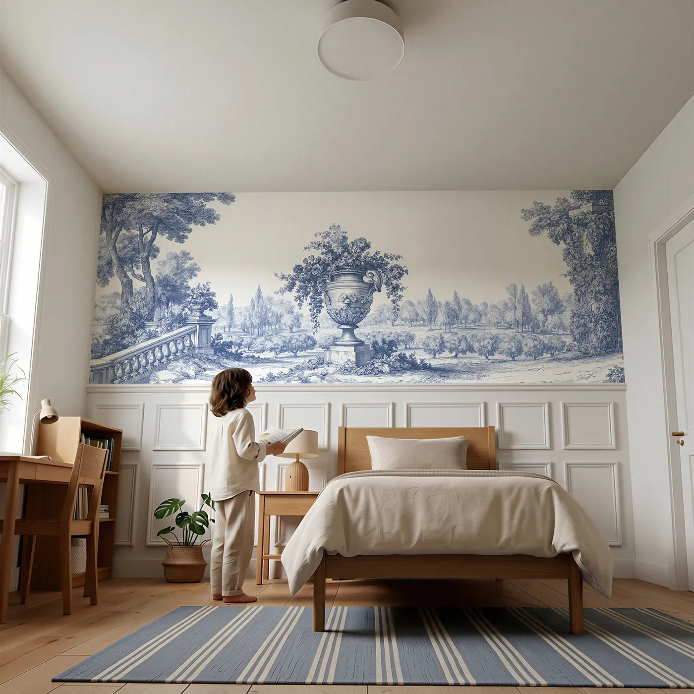 Child reading near The Stone Urn Wainscoting Wallpaper by Whimsy Tots