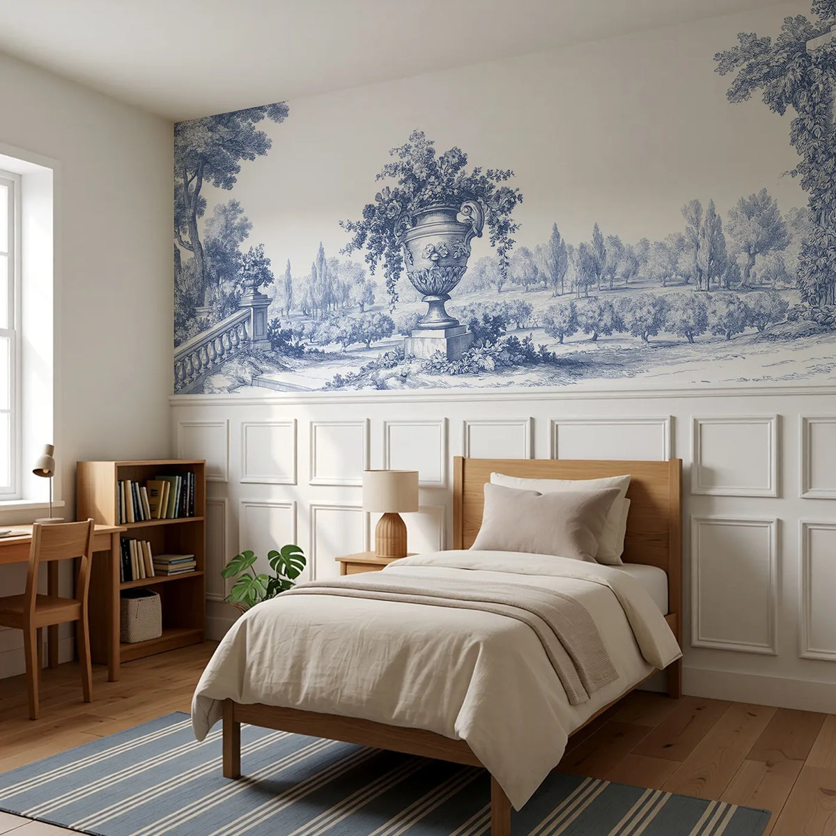 The Stone Urn Wainscoting Wallpaper styled in a kids room by Whimsy Tots