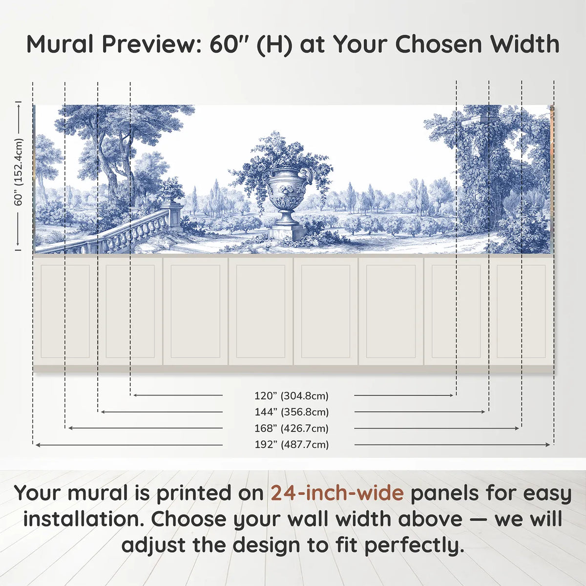 Panel dimensions for The Stone Urn Wainscoting Wallpaper by Whimsy Tots