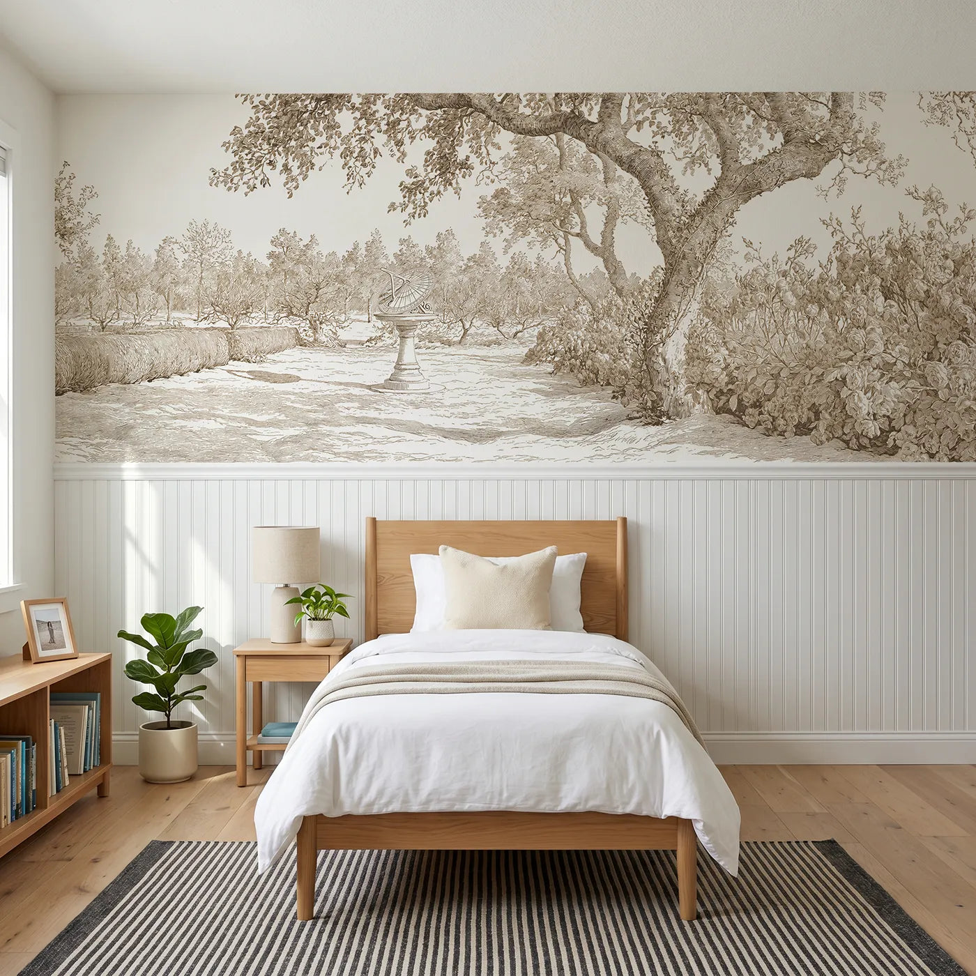 Toile wainscoting wallpaper of the garden sundial in brown by Whimsy Tots
