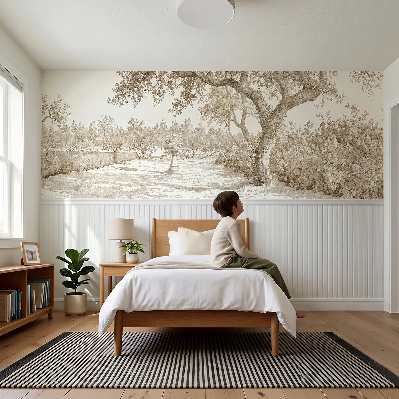 Child reading near The Garden Sundial Wainscoting Wallpaper in Brown by Whimsy Tots