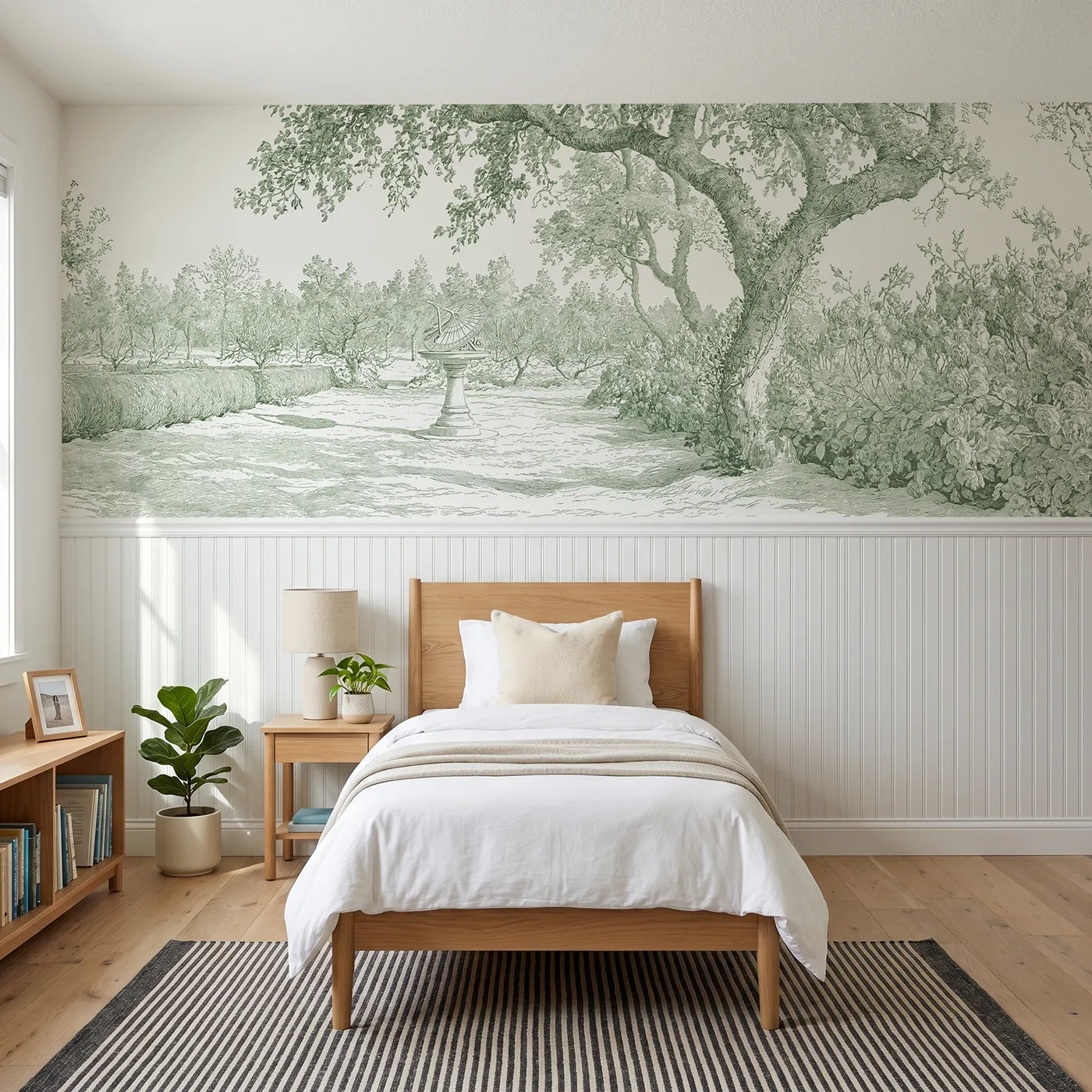 Toile wainscoting wallpaper of the garden sundial in green by Whimsy Tots