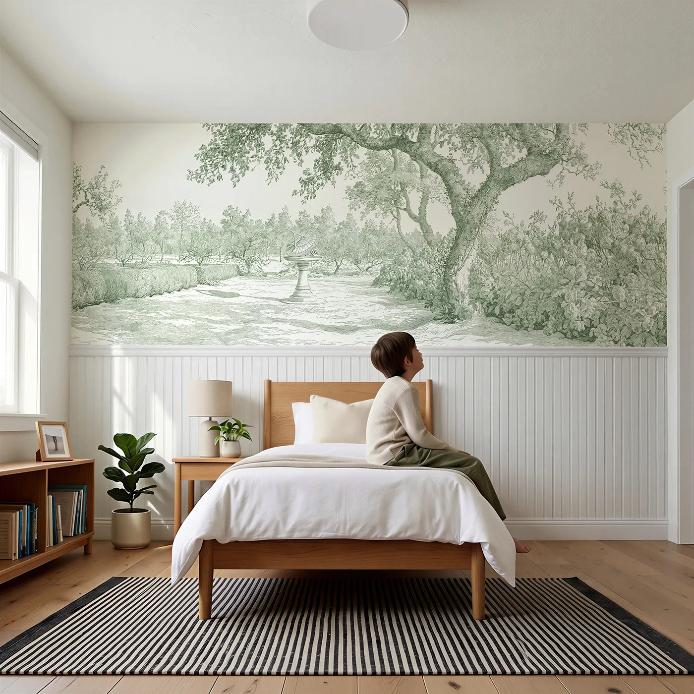 Child reading near The Garden Sundial Wainscoting Wallpaper in Green by Whimsy Tots