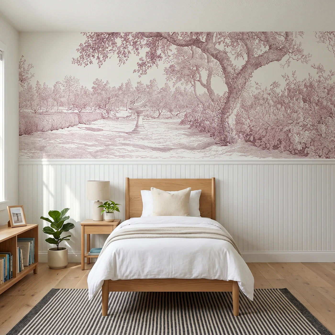 Toile wainscoting wallpaper of the garden sundial in pink by Whimsy Tots