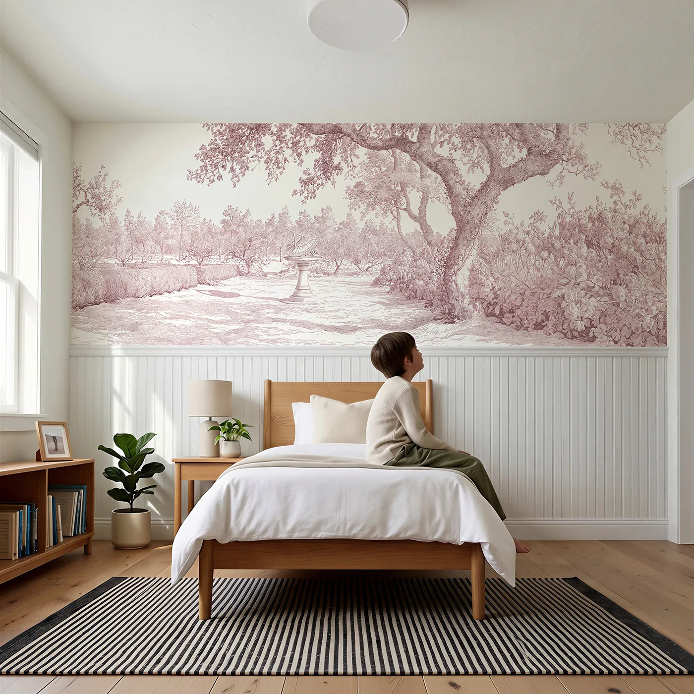 Child reading near The Garden Sundial Wainscoting Wallpaper in Pink by Whimsy Tots
