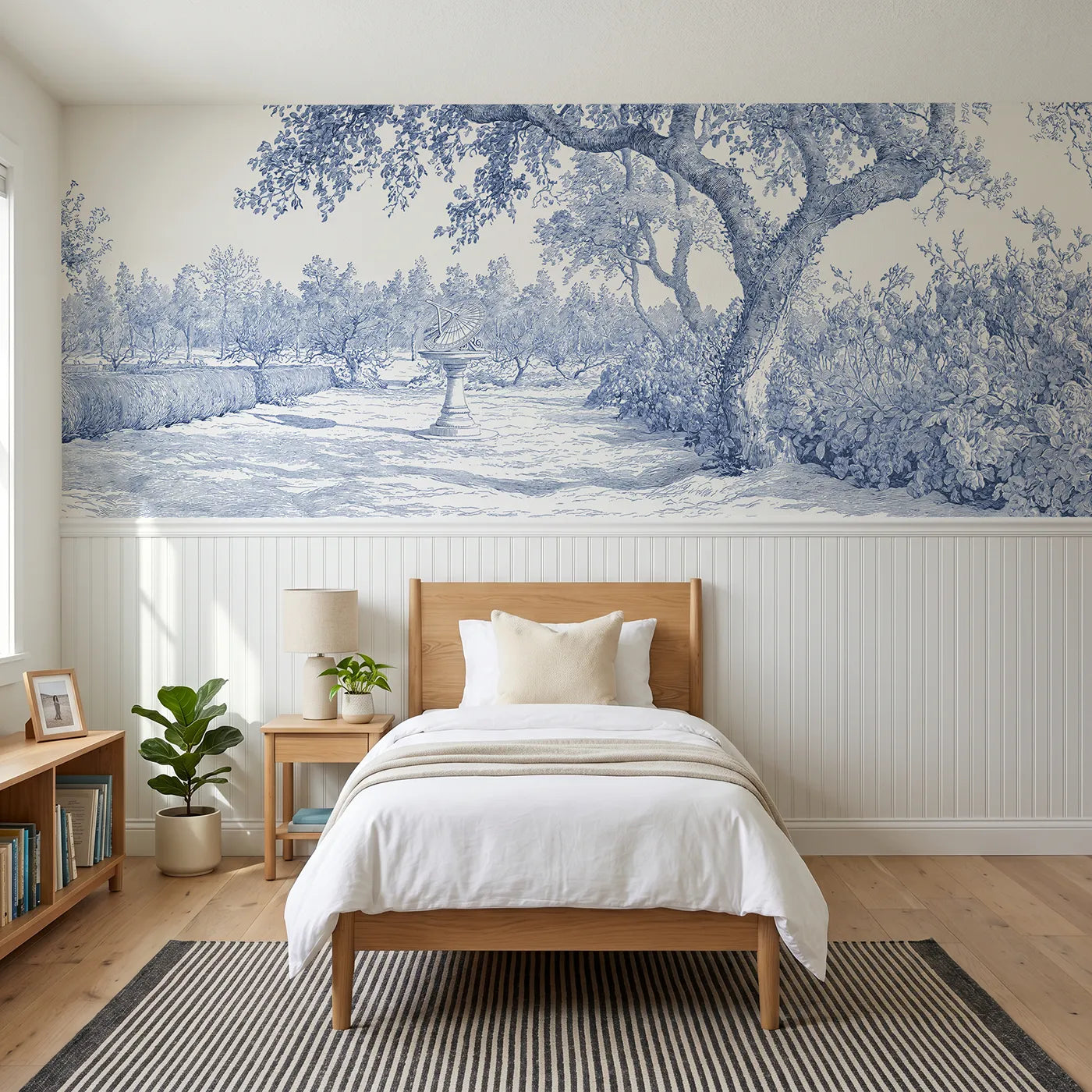 Toile wainscoting wallpaper of the garden sundial by Whimsy Tots