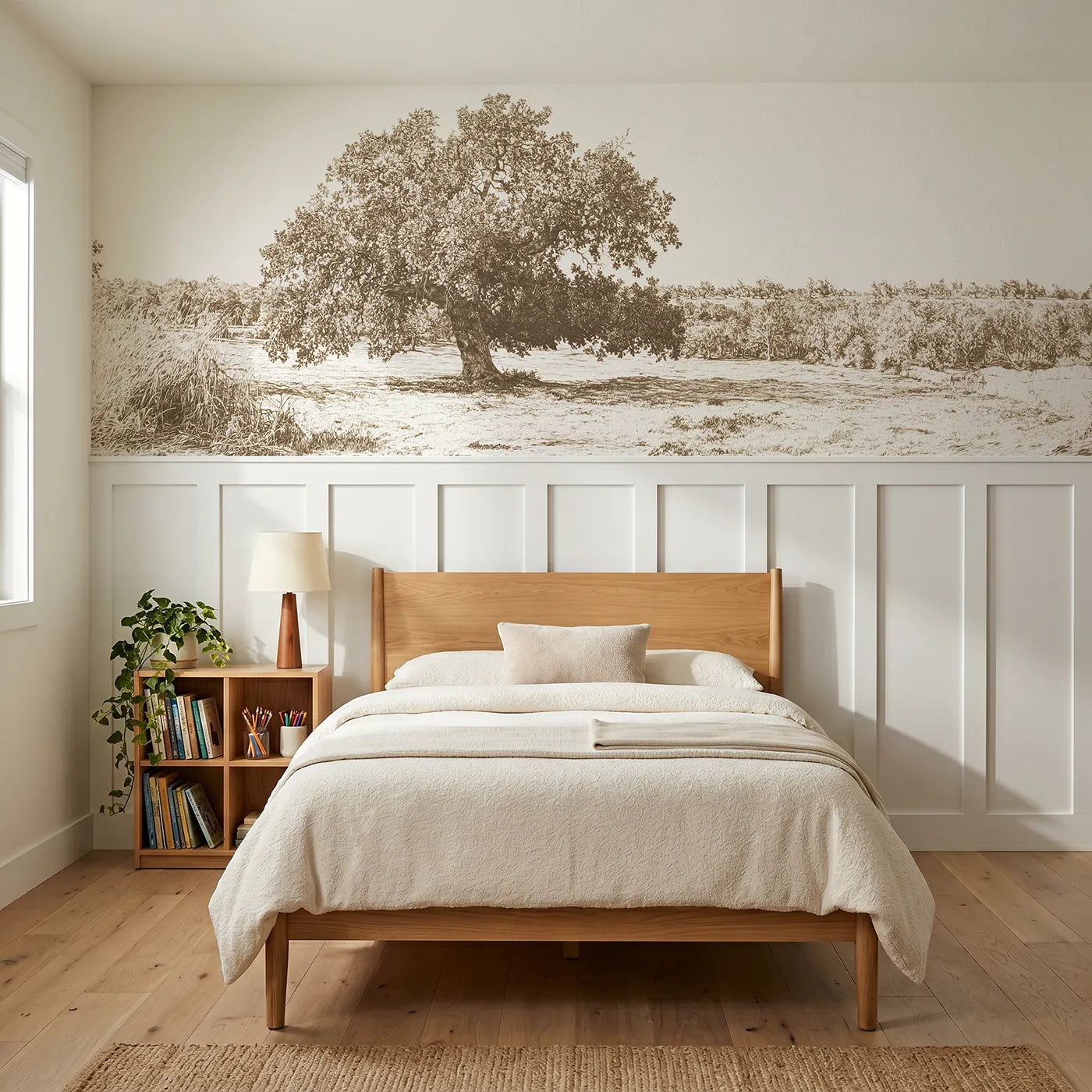Toile wainscoting wallpaper of the one great oak in brown by Whimsy Tots