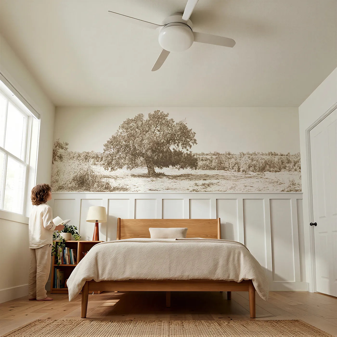 Child reading near The One Great Oak Wainscoting Wallpaper in Brown by Whimsy Tots