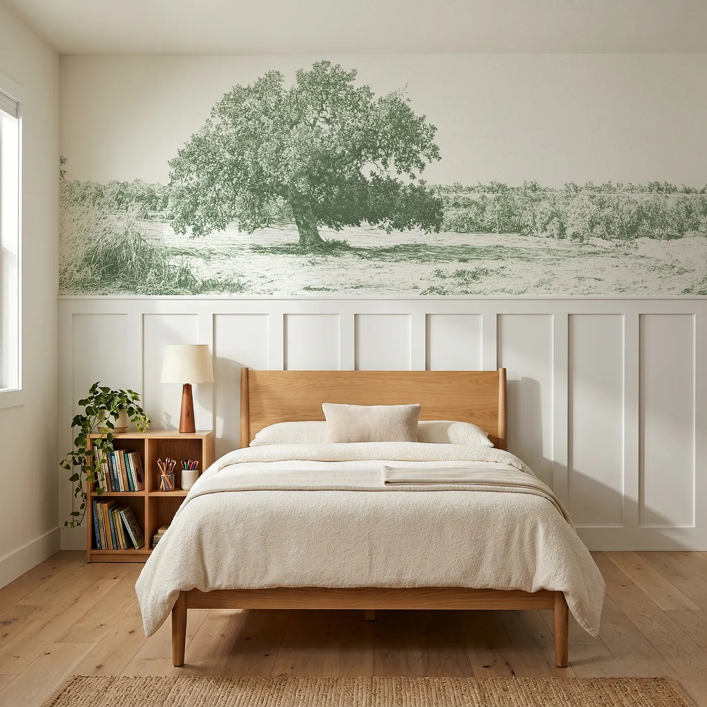 Toile wainscoting wallpaper of the one great oak in green by Whimsy Tots
