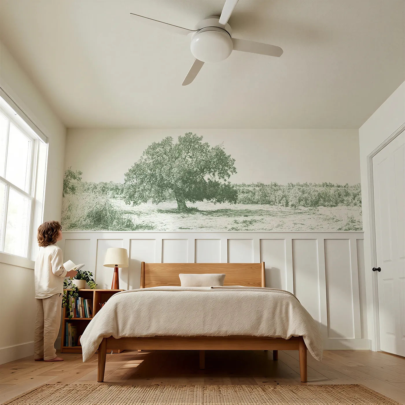 Child reading near The One Great Oak Wainscoting Wallpaper in Green by Whimsy Tots
